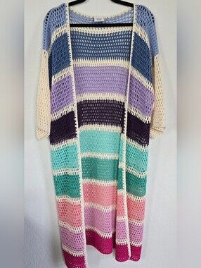 Multicolor Crochet Longline Sweater Cardigan - Cream Trim